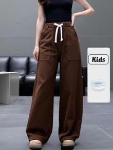 SHEIN ChillGRL Tween Girls Y2K Style Casual Loose Straight Leg Basic Drawstring Jeans + Basic Elastic Waist Jeans, Comfortable Fabric Suitable For All Seasons Brown Baggy Pants - Coffee Brown - View 8