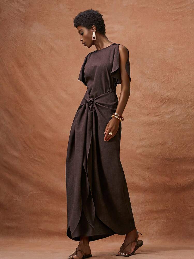 Zivah 2026 Nuovi arrivi primavera ed estate, adatto per San Valentino, festival musicali, Pasqua, stile western, stile nomade, bohémien, Nashville, feste, matrimoni, eventi serali, appuntamenti, raduni, compleanni, stile universitario, abbigliamento quotidiano casual, versatile di base, tempo libero, vacanze, crociere, spiaggia, abbronzatura, di moda, elegante, pendolarismo, casual business, collo rotondo, cintura in vita, abito lungo e ampio, abito lungo marrone scuro, abito primavera ed estate, abito da festa, abito da vacanza, abito casual, abito da donna - Caffè Marrone - Visualizzare 3