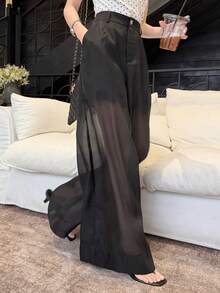 DAZY Pantalones ligeros de unicolor casuales de 2 en 1 transparentes para primavera/verano para mujer - Negro - Ver 5