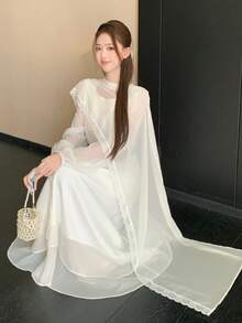 DAZY 女士休闲韩版蝴蝶结优雅派对生日仙女披肩两件套长裙吊带裙 - 白色 - 查看 6