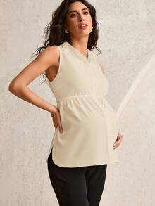 MaterniWear Maternity Casual Solid Color Front Button Lapel Tank Top, Summer - Apricot - View 5