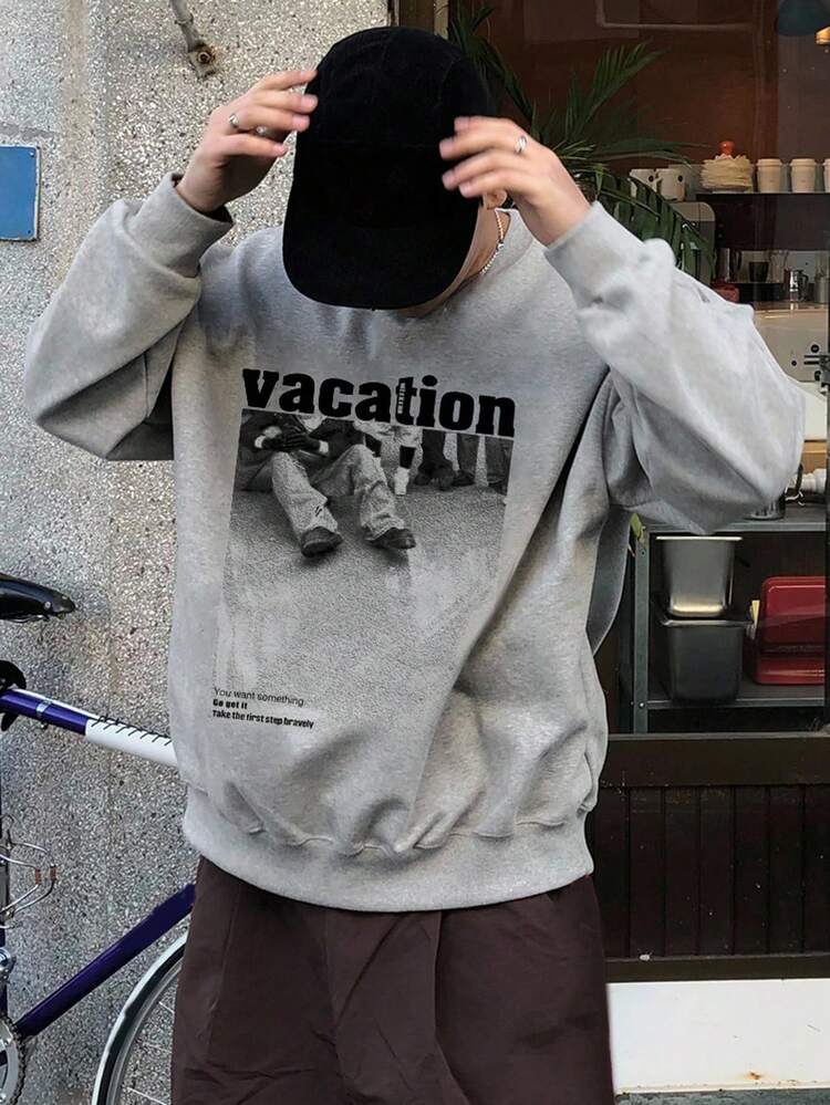 Men's Letter Print Grey Pullover Sweatshirt, Autumn, Emo Style