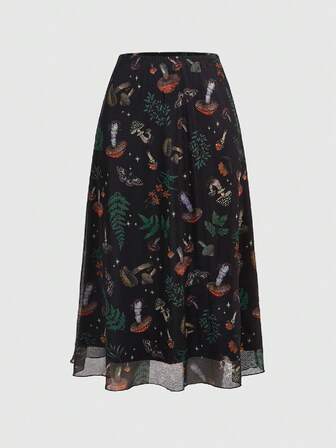 Fairycore Damen A-Linien Rock im dunklen Stil mit Pilz- und Pflanzenprint