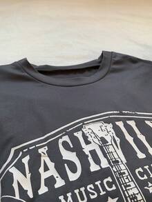 SHEIN EZwear 复古风格灰色老鹰字母图案落肩短款T恤 - 深灰色 - 查看 4