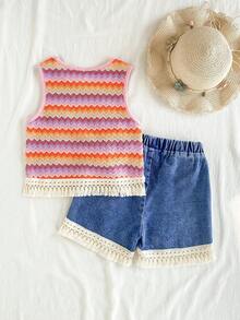 SHEIN Vintaside Kids 2pcs/Set Tween Girls' Sweet & Cute Blue And Orange Textured Fabric Embroidered Floral Pattern Denim Fringe Shorts Set,Funny Summer Vacation Holiday - Pink - View 3