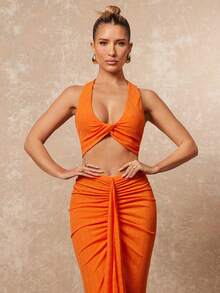 Lumalex Bộ 2 món gồm áo quây hở lưng và chân váy quấn cạp thấp dáng suông lấp lánh dành cho nữ. - Màu Cam cháy - Xem 5