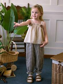 Blossori 2pcs Vintage Floral Decor Camisole Top And Brown Plaid Ruffle Hem Pants Set For Young Girls, Suitable For Spring/Summer And Outdoor Vacation - Brown - View 5