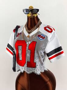 Amplova Women's Summer Jersey Style Letter Graphic Lace Patchwork T-Shirt - Multicolor - View 1