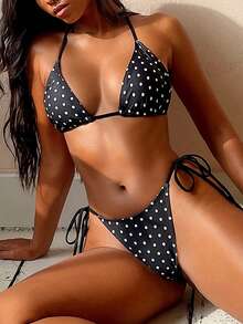 Swim Mod 2026春夏女士波点印花挂脖黑色比基尼套装，侧系带泳裤