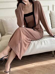 Feyla Women's Elegant Contrast Binding Open Front Top & Bodycon Camisole Dress 2 Pieces Set,Brown Modest Autumn Two Pieces Set For Brunch,Black And White - Khaki - View 6