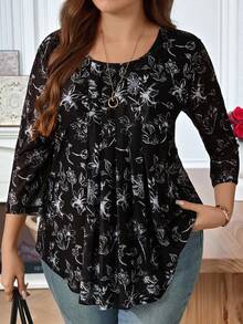 EMERY ROSE Áo nữ cỡ lớn thời trang thường ngày mùa thu/đầu xuân, họa tiết hoa đen, tay lửng, kiểu dáng giản dị, thích hợp đi nghỉ mát, áo nữ cỡ lớn, áo kiểu babydoll, áo hoa đen, đi chơi, mẫu mới 2026, đơn giản và thời trang cho buổi tối, đầu xuân, kỳ nghỉ, ngày lễ, mùa xuân, ngày Valentine, áo kiểu cỡ lớn, áo kiểu họa tiết hoa cỡ lớn, áo nữ cỡ lớn thường ngày. - Đen và trắng - Xem 3