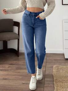 EURMUSE Blue Versatile Minimalist High Waist Casual Mom Jeans - Blue - View 6