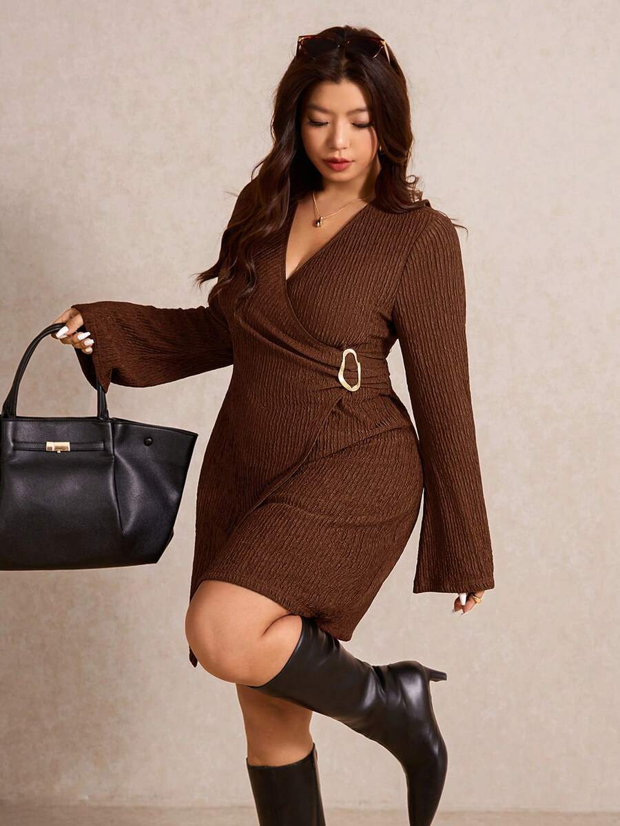 Elaquor Plus Size Solid Color Wrap Dress, Suitable For Commuting Plus Size Brown Dress - Coffee Brown - View 1
