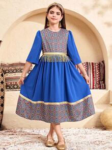 SHEIN Tween Girls Blue A Line Midi Dress With Geometric Pattern And Round Neck Puff Sleeves For Vacation - Blue - View 4