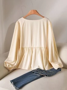 CosyJoli Áo cánh tay đèn lồng dáng chữ A xếp ly màu sắc thường ngày cỡ lớn - Màu be - Xem 2