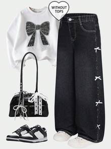 SHEIN Tween Girl Fashionable & Sweet Heart Embroidery Straight Leg Loose Fit Jeans Baggy Jeans Y2k Baggy Jeans - Dark Grey - View 9