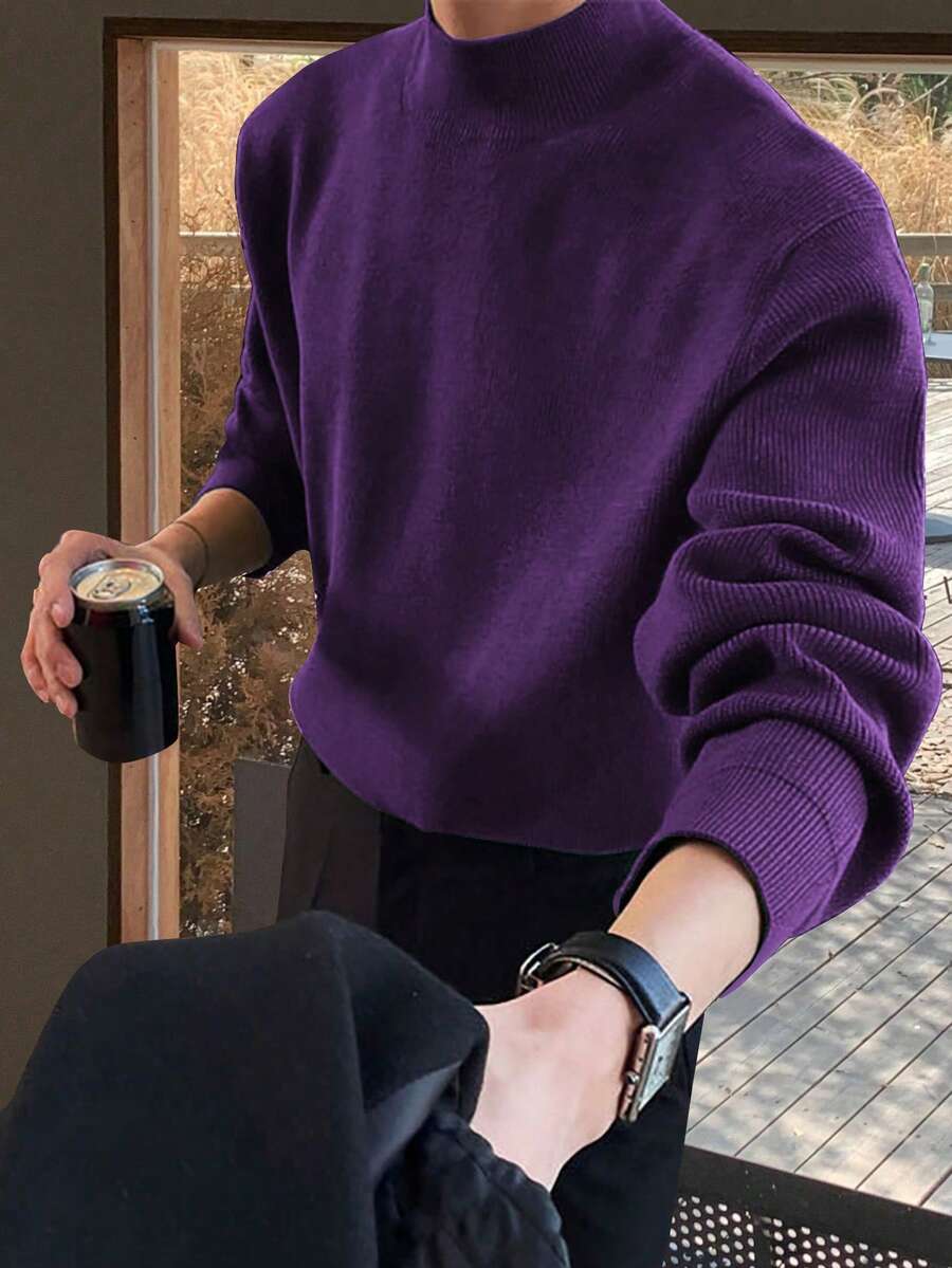 Claim Dot Áo len dệt kim tay dài cổ đứng trễ vai màu trơn cỡ lớn cho nam, mùa thu/đông - Màu tím - Xem 1
