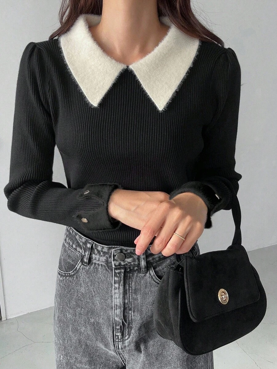 FRIFUL Women's Casual Versatile Contrast Color Turtleneck Sweater, Autumn/Winter - Black - View 1