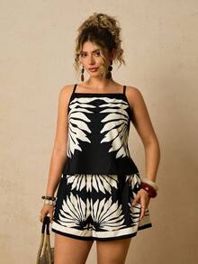 Travachic Bộ trang phục đi nghỉ mát cỡ lớn dành cho nữ, họa tiết hoa, gồm áo hai dây và quần short. - màu đen - Xem 6