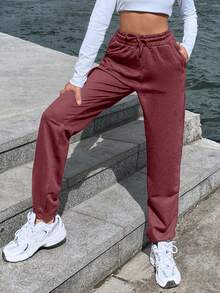 EURMUSE Women's Casual Solid Color Drawstring Waist Side Pocket Sweatpants Gym Burgundy Summer - Burgundy - View 4