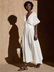 Green Printed Long Summer Of Shoulder Dress - White - View 5