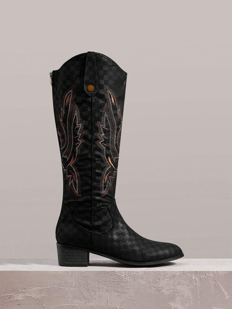Women's Knee High Pointed Toe High Heel Fashion Boots With Embroidery Detail, Cowboy Boots For Women
