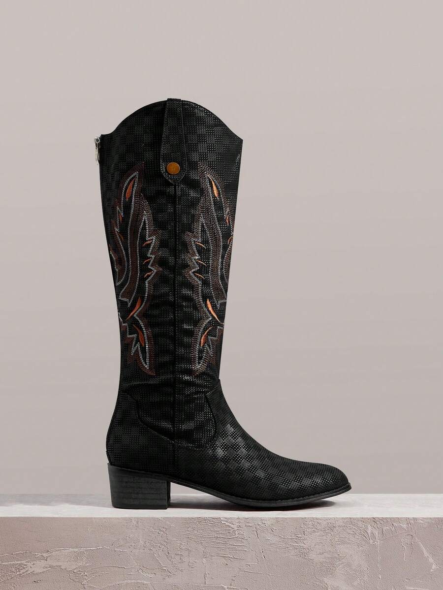 Styleloop Women's Knee High Pointed Toe High Heel Fashion Boots With Embroidery Detail, Cowboy Boots For Women - Mocha Brown - View 1