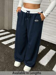 SHEIN PETITE CURVE 大码女式字母印花抽绳腰带口袋阔腿休闲宽松运动裤，适合毕业季、返校季穿着，也适合教师穿着。 - 寶藍色 - 查看 1