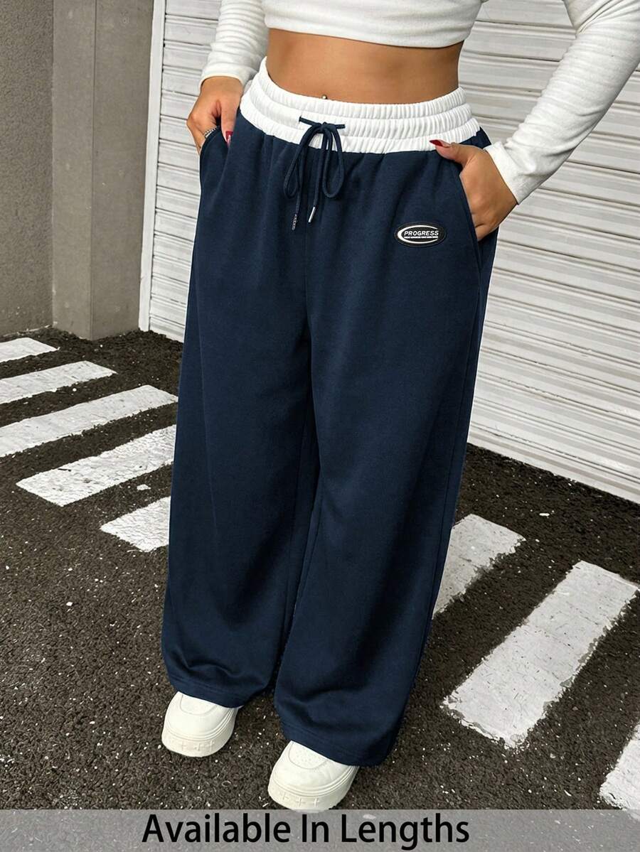 SHEIN PETITE CURVE 大码女式字母印花抽绳腰带口袋阔腿休闲宽松运动裤，适合毕业季、返校季穿着，也适合教师穿着。 - 寶藍色 - 查看 1