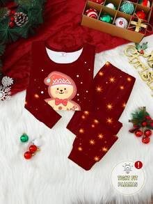女童可爱优雅圣诞姜饼人印花针织圆领卫衣和打底裤两件套家居服套装 - 酒紅色 - 查看 5