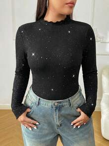 SHEIN EZwear Áo thun tay dài cổ bèo nhún màu đen cỡ lớn dành cho nữ, đa năng cho mùa thu/đông - màu đen - Xem 1