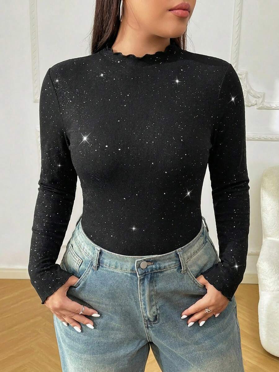 SHEIN EZwear Áo thun tay dài cổ bèo nhún màu đen cỡ lớn dành cho nữ, đa năng cho mùa thu/đông - màu đen - Xem 1