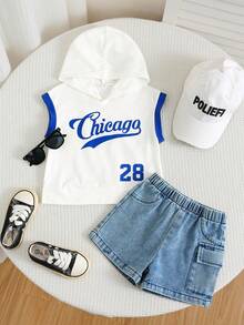 SHEIN 2件套男女童可爱连帽无袖背心和牛仔短裤套装，春夏男婴服装 - 藍色 - 查看 3