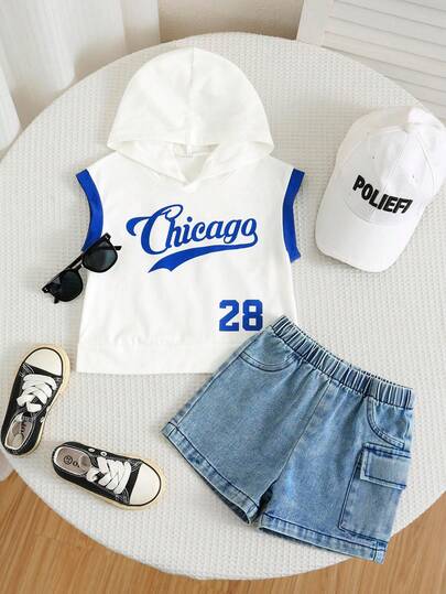 SHEIN 2件套男女童可爱连帽无袖背心和牛仔短裤套装，春夏男婴服装