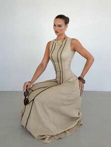 Siren Gaze 女士撞色印花圆领无袖优雅连衣裙 - 杏色 - 查看 6