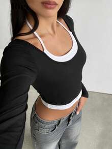 SHEIN Glamour Chemise décontractée mode sexy polyvalente en patchwork bleu marine et blanc avec laçage, Blouse femme bicolore, Top femme bleu polyvalent pour le travail, les vacances et les sports - Multicolore - Voir 1