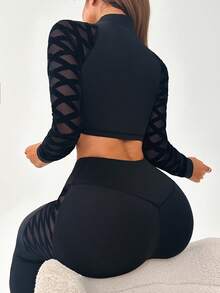 SHEIN Sports Women's Mesh Patchwork Turtleneck Cropped Sports T-Shirt And Leggings Set,Gym Set - Black - View 4