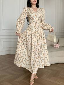 Feyla Elegant Ditsy Floral V-Neck Long Sleeve Dress For Women Yellow French Style Dresses - Multicolor - View 4