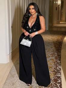 SHEIN CURVE+ Combinaison à paillettes et velours pour femmes grandes tailles, design à la mode, tissu patchwork, convient pour les concerts, mariages, fêtes, Noël, Nouvel An, anniversaires