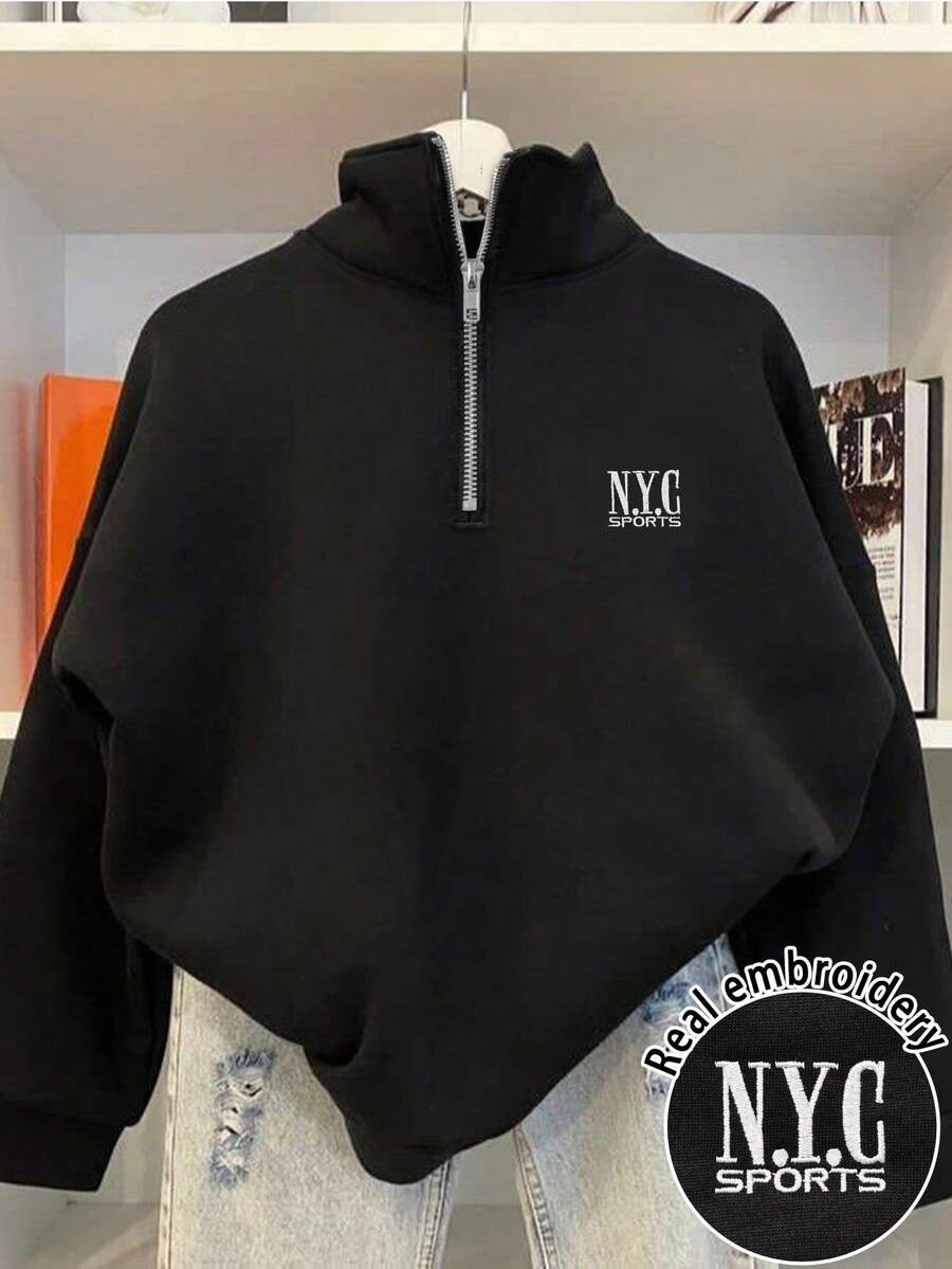 INAWLY 女士卫衣，NYC SPORTS 女士刺绣印花圆领长袖抓绒卫衣，秋冬休闲款，长袖上衣，毕业季，返校季穿搭，毕业季，女教师装，返校季套头衫秋季套装 - 黑色 - 查看 1