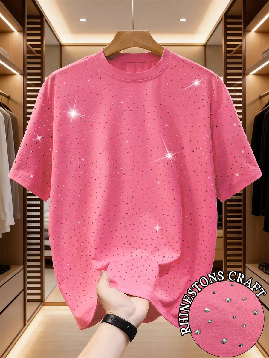 Manfinity Dauomo Men's Top, Full Sky Star Heavy Industry Diamond Design T-Shirt, Loose And Slimming 2026 Spring/Summer New Ins Style Versatile Casual Men's Tee, A Gift For Him - Pink - View 1