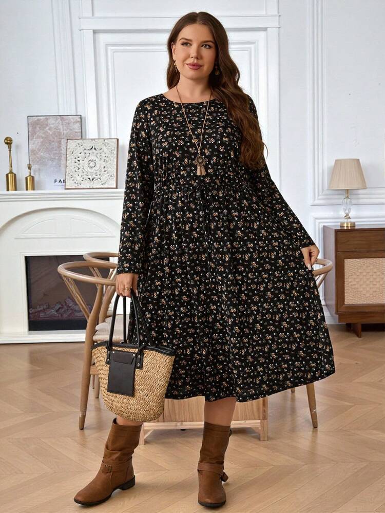Plus Size Women's Fall/Early Spring Casual Fashion Vacation  Floral Print Round Neck Long Sleeve Dress, Boho Dress Women,Flowy Dress,Going Out Outfits,2026 New Clothes,Simple And Fashionable For Everyday Wear,Early Spring,Vacation Outfits Women ,Holiday Outfits For Women,Spring Outfit Women,Valentine's Day ,Valentine Outfits For Women , Black Floral Dress, Women Long Sleeve Dress, French Style Dress,Flower/Summer