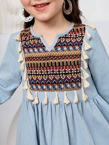 SHEIN Young Girls' Blue Print Patchwork Tassel Robe, Middle Eastern Holiday Party Outfit, Traditional Arabic Abaya Robe