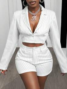 BamGleam Women's Striped Notched Collar Single-Breasted Casual/Work Lightweight Long Sleeve Blazer