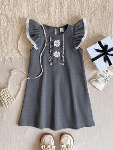 PrepCrw 1 pieza Elegante vestido gris sin mangas con decoración floral 3D de perlas para niñas jóvenes, adecuado para salidas, reuniones, festivales, fiestas, primavera, verano, Día de San Valentín, bodas - Gris - Ver 2