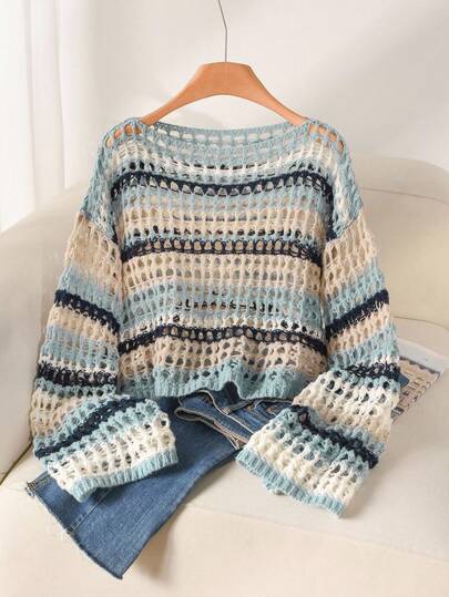 CosyJoli Plus Size Casual Blue White Striped Hollow Out Boat Neck Loose Short Pullover Long Sleeve Sweater,Slightly Sheer, Sun Protection In Fall/Winter