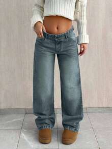 EURMUSE PETITE CASUAL LOW WAIST BAGGY LOOSE STRAIGHT LEG JEAN - Light Wash - View 4
