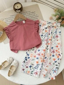 LMoss Kids 两件套少女纯色圆领荷叶边休闲衬衫和碎花裤套装 - 彩色 - 查看 6