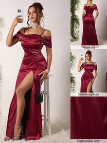 Rafferiza 女士修身性感红色连衣裙，修身廓形，适合新年假期 - 酒紅色 - 查看 3