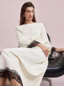 Ontre Đầm dài ren mùa xuân/hè 2026 dành cho nữ, phong cách nghỉ dưỡng lãng mạn, thiết kế phối ren, màu trắng, trang phục công sở tối giản, thoải mái, thanh lịch, cổ điển, phù hợp cho giáo viên, đầm dự tiệc, tay dài, chất liệu vải dệt rộng rãi, đầm dài đa năng. - Màu be - Xem 7